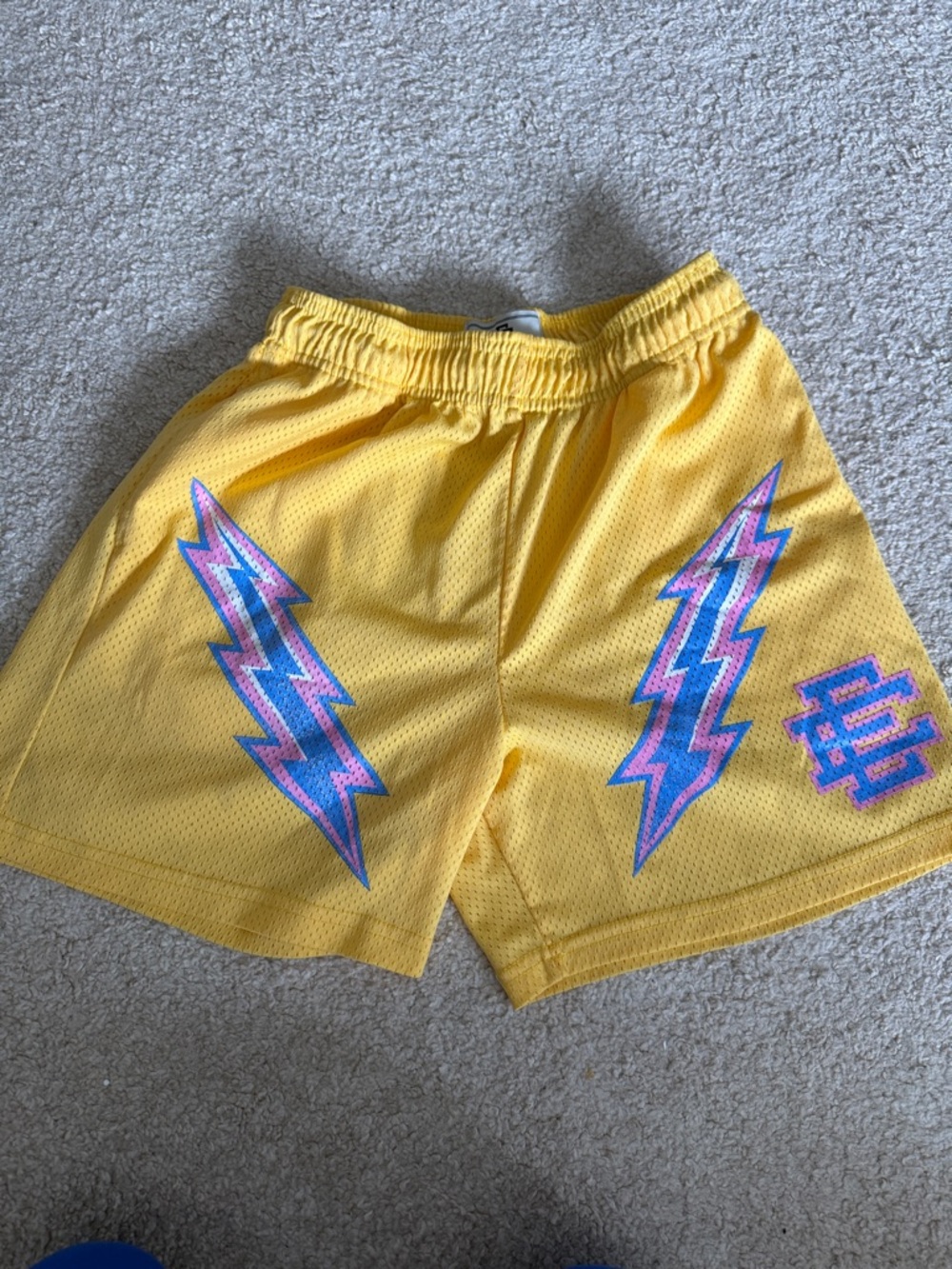 Eric Emanuel Yellow Mesh Shorts with Purple-Pink Lightning Bolts